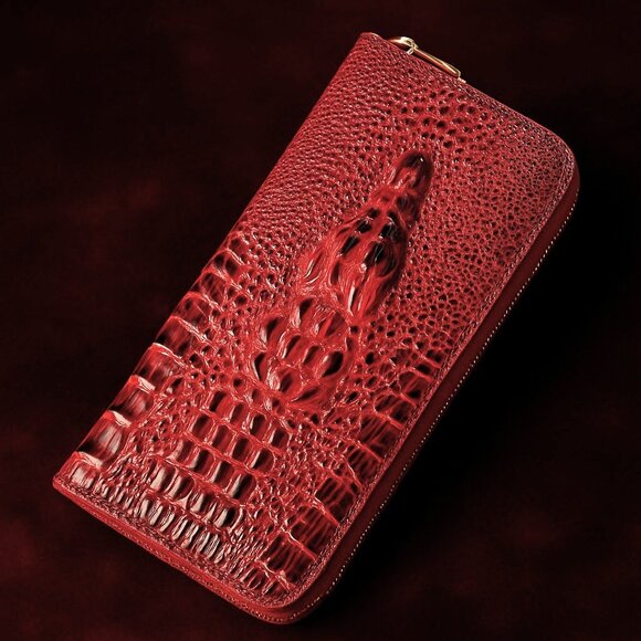 Raised Crocodile Embossed Leather Zipper Wallet Clutch Wristlet Card Holder - Picture 4 of 8